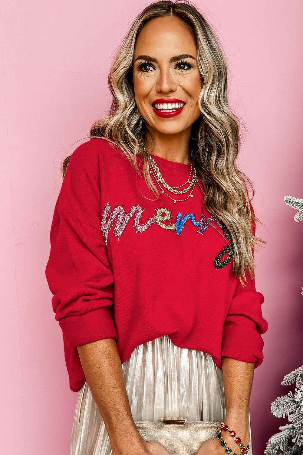 Fiery Red Tinsel Merry Letter Drop Shoulder Baggy Sweater d3eeacc9c9854aa9