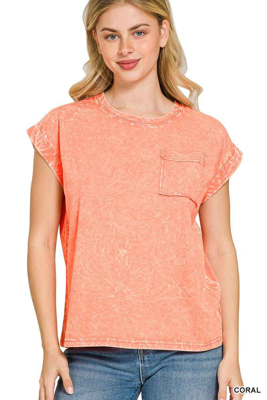 Zenana Crinkle Washed Round Neck Folded Short Sleeve Tee CORAL d3f4bc3d13584a749fa0118f161cb953-Max