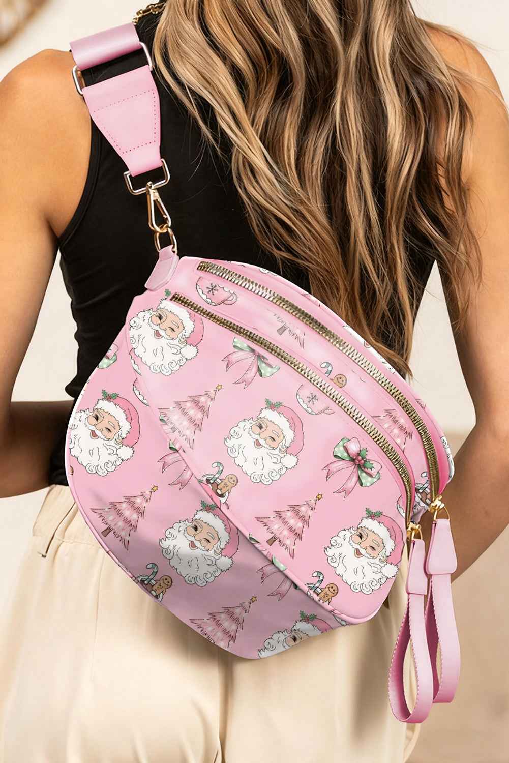 Pink Christmas Graphic Double Zip Crossbody Bag d40539ab830be6ad