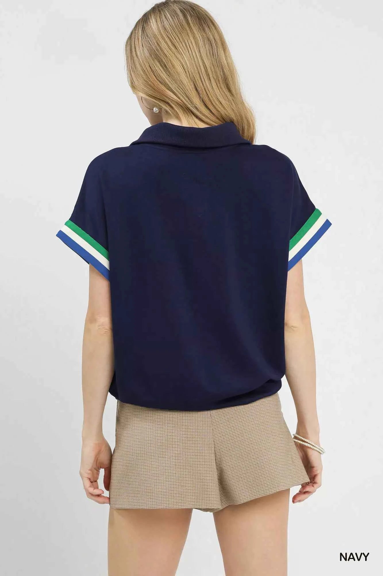 Umgee Zip Front Casual Top with Contrast Stripe Trim d406b733-4004-4749-b0bb-74dfe9af6632-Max-Origin