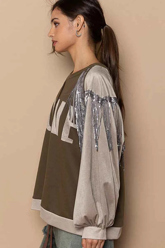 Balloon Sleeve French Terry Sweatshirt with Sequin Tassel d4080700-137b-4a83-916b-f076c7fbd63d-Max-Origin