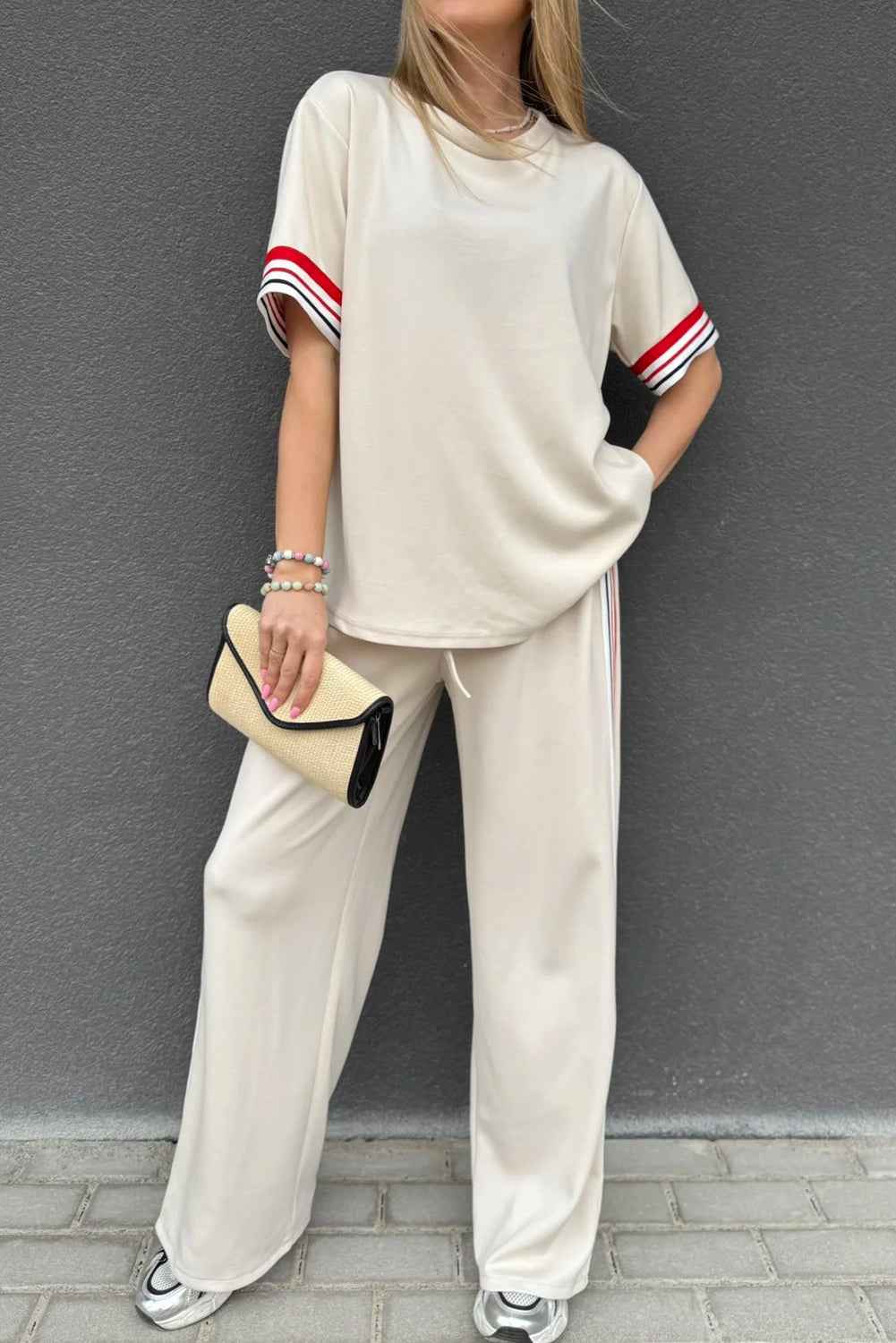 Jet Stream Contrast Striped Trim Crewneck T Shirt Loose Straight Pants Set Jet Stream 50%Polyester+45%Viscose+5%Elastane d40c652d2f082ac0