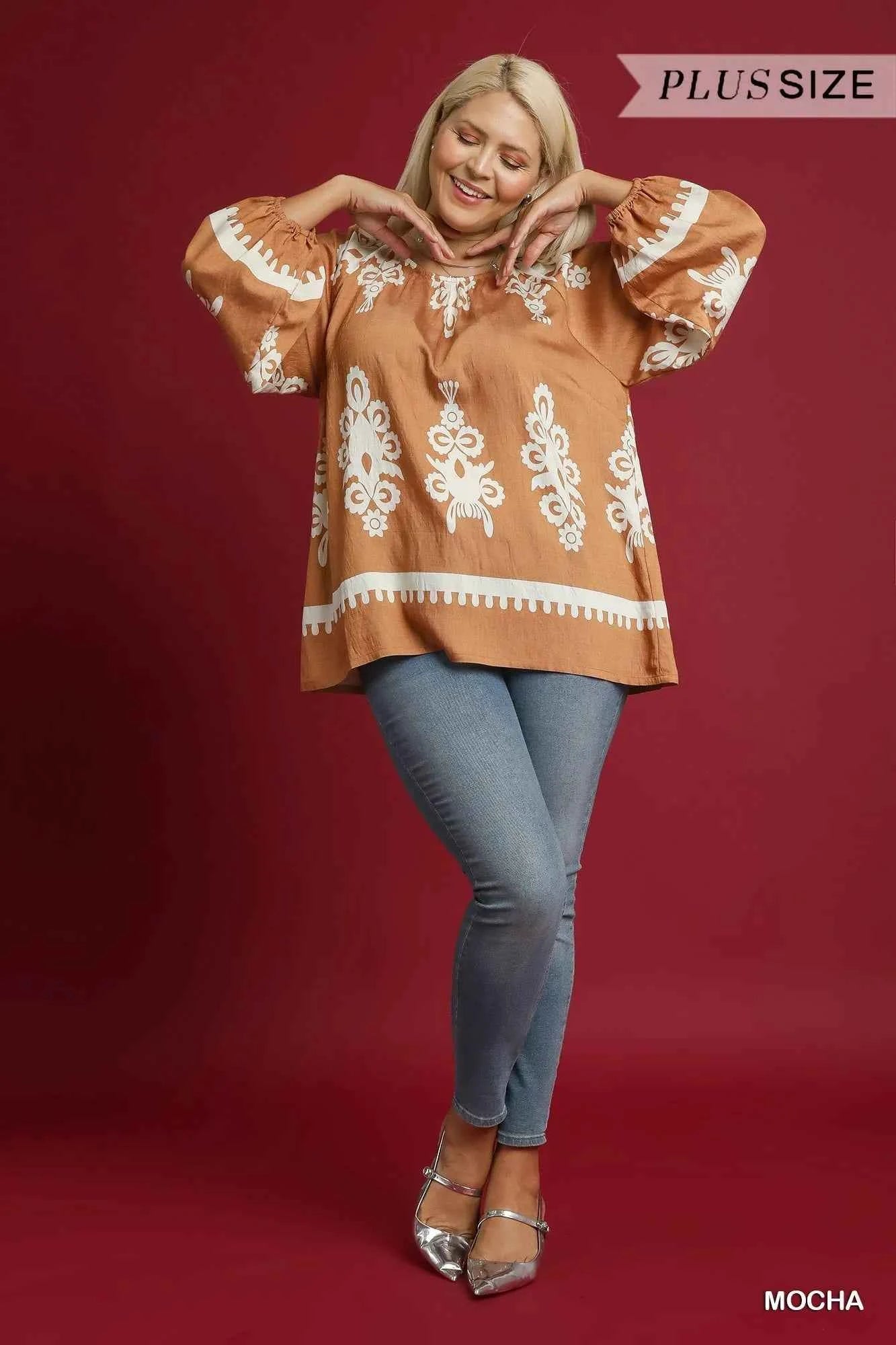 Umgee Full Size Two Tone Border Print Top with Balloon Sleeves Plus Size d40e26ff-10d7-434f-b34e-5cabf128d395-Max-Origin