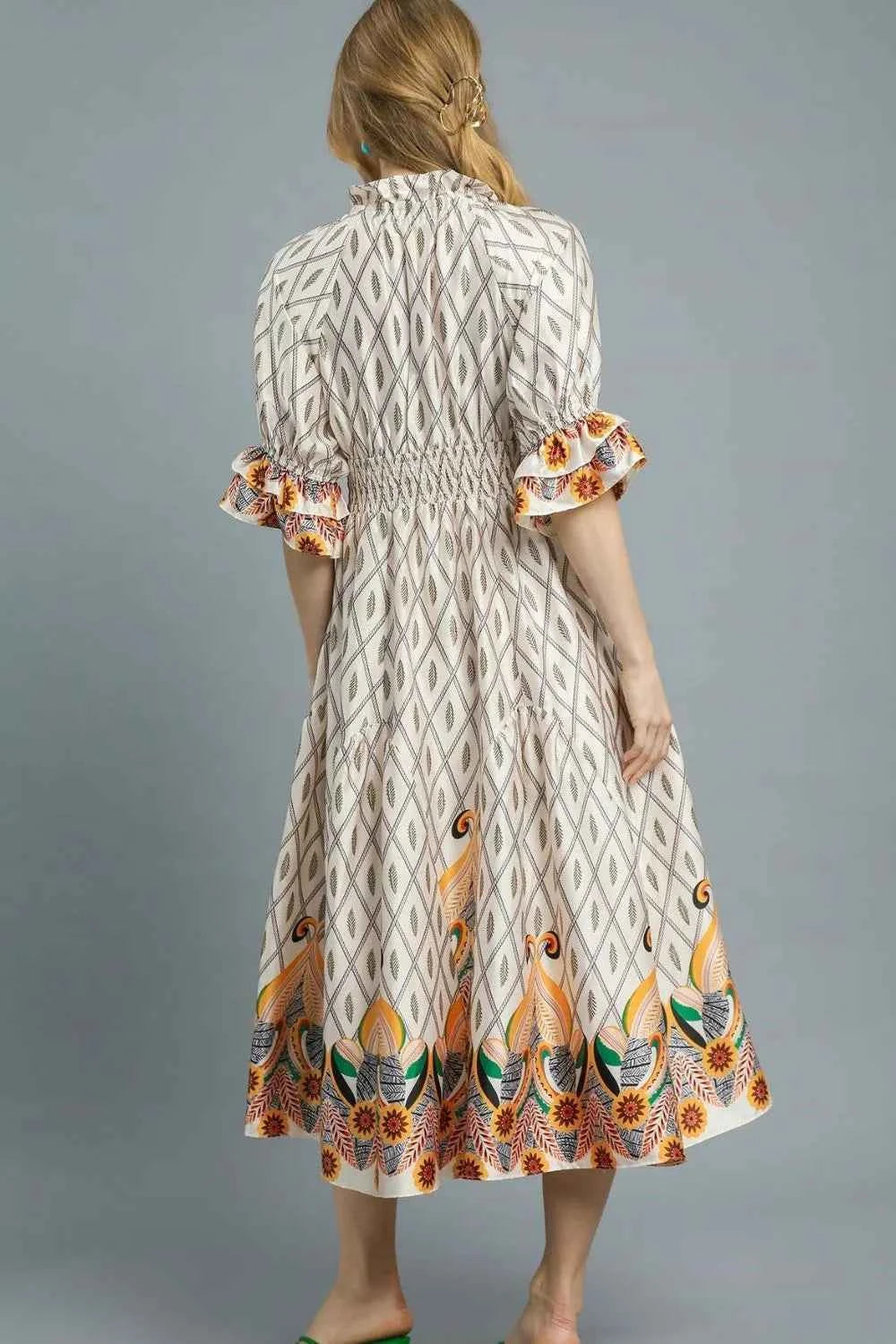 flounce sleeve midi dress Adelina Floral Chiffon Flounce Sleeve Shirred Midi Dress