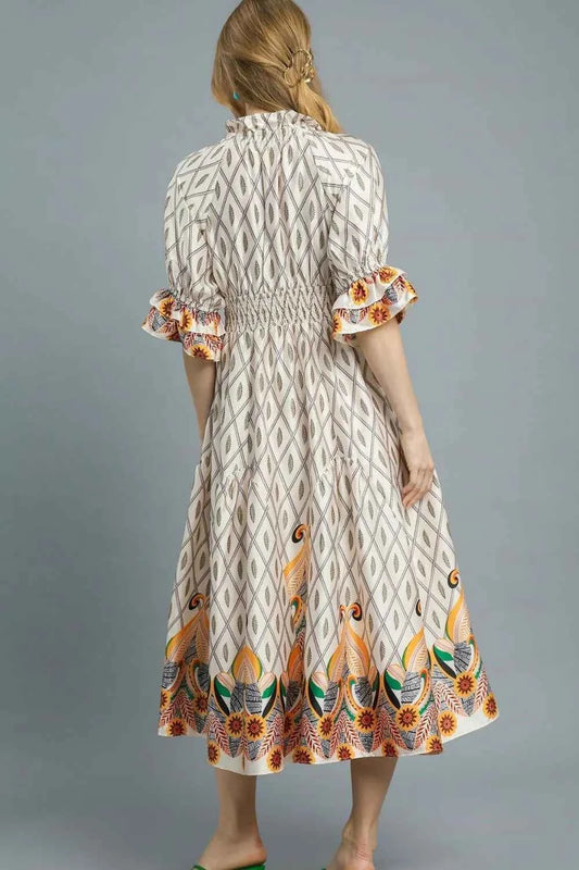 Printed Smocked Waist Flounce Sleeve Midi Dress d4166008-87fd-460f-bec1-fd6b8a546885-Max-Origin
