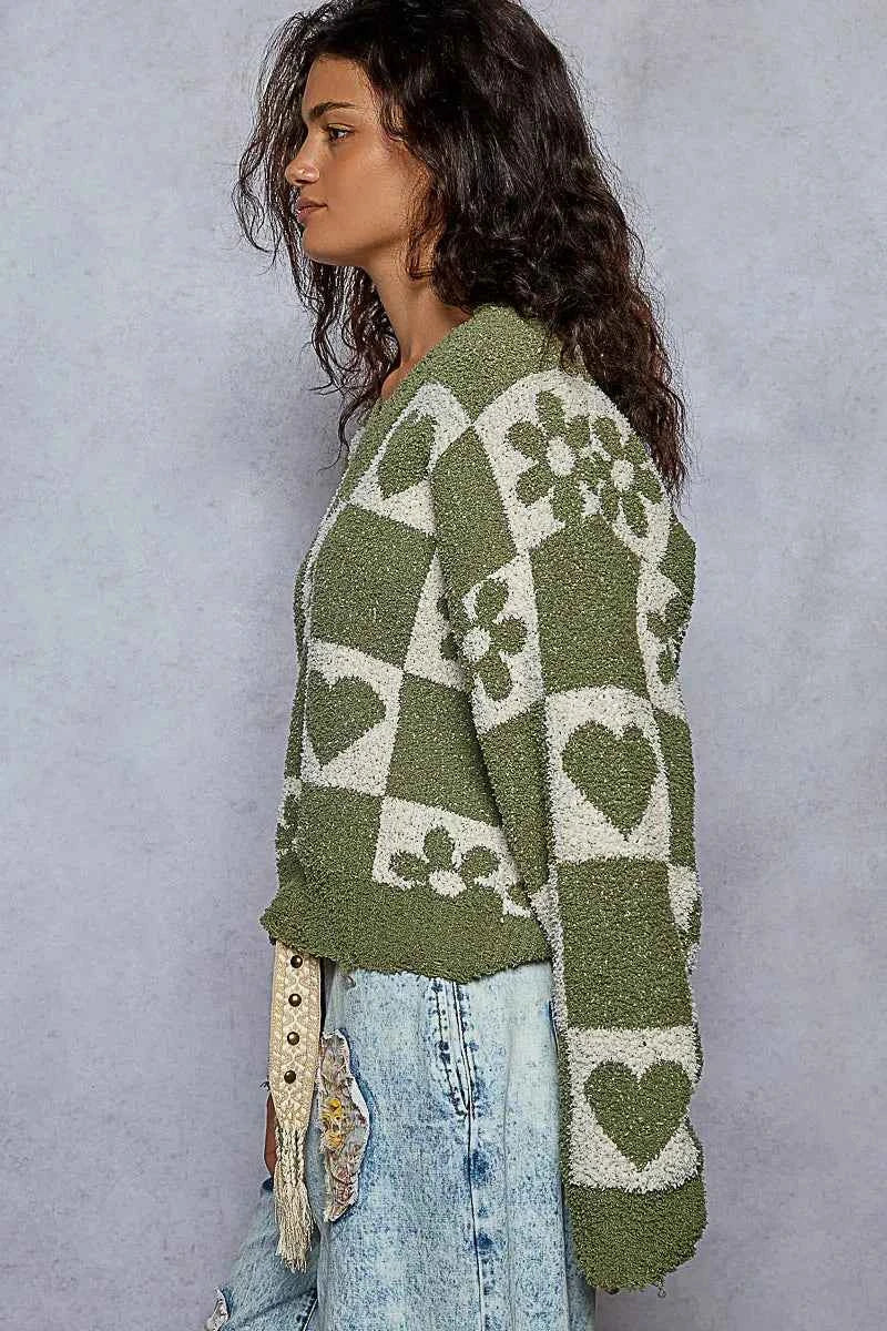 POL V-Neck Heart Pattern Checkered Sweater d4167402-3335-4445-90f5-1e2cff5aefcf-Max-Origin