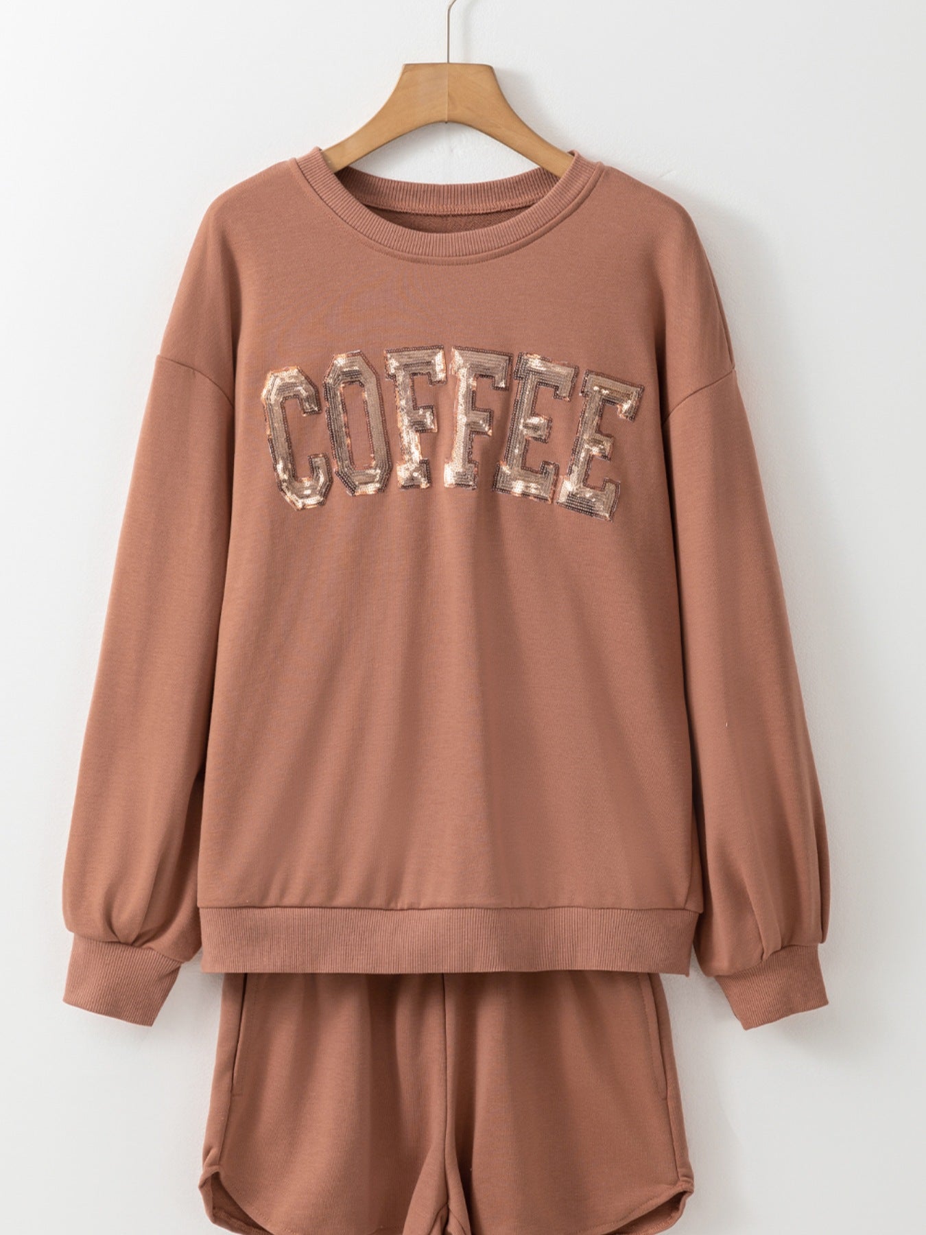 COFFEE Round Neck Sweatshirt and Shorts Set d41bd287-29cc-4051-8922-350b42173156-Max