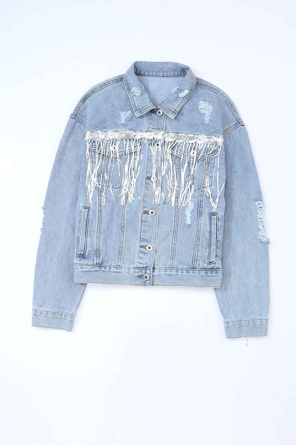 Blue Sequined Fringe Distressed Button Up Denim Jacket d4204c91106df994