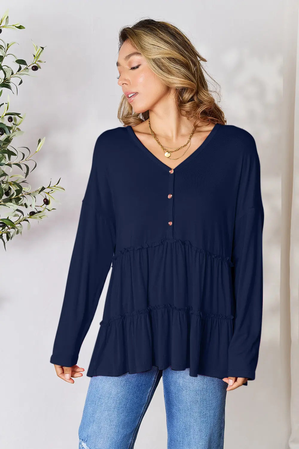 Double Take Half Button Long Sleeve Ruffle Hem Blouse d4213ff4e5a84d3994df4e85e2f6ca6d-Max