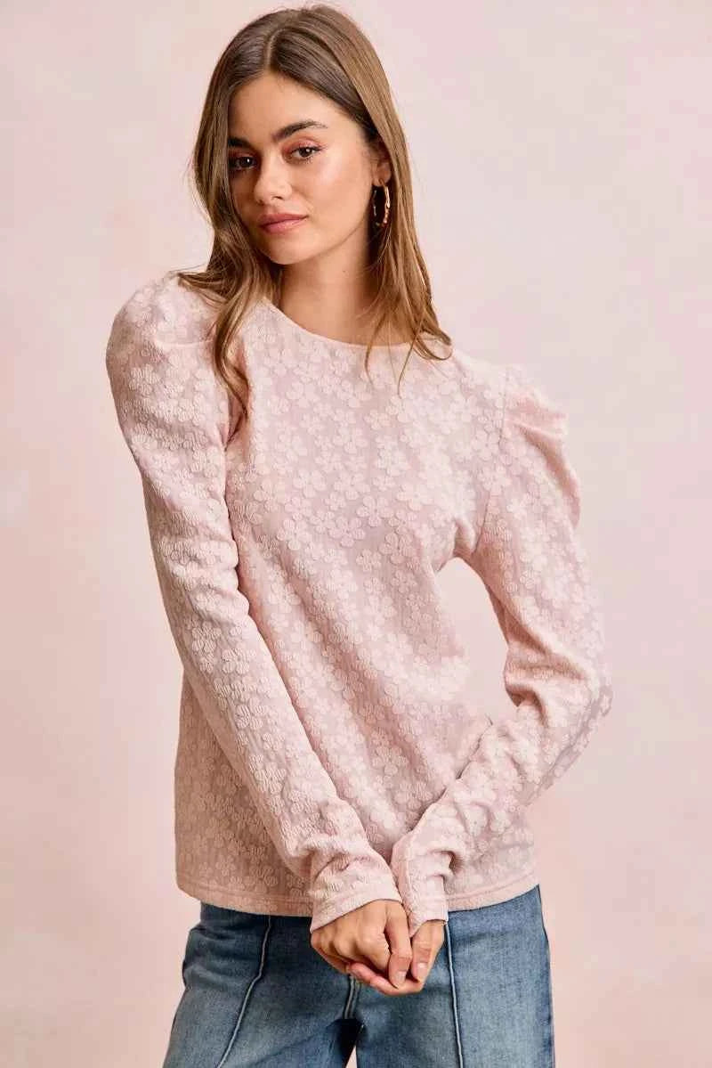 BiBi Textured Flower Knit Puff Shoulder Top d4229d1de6464f81bbee3442140461f1-Max-Origin