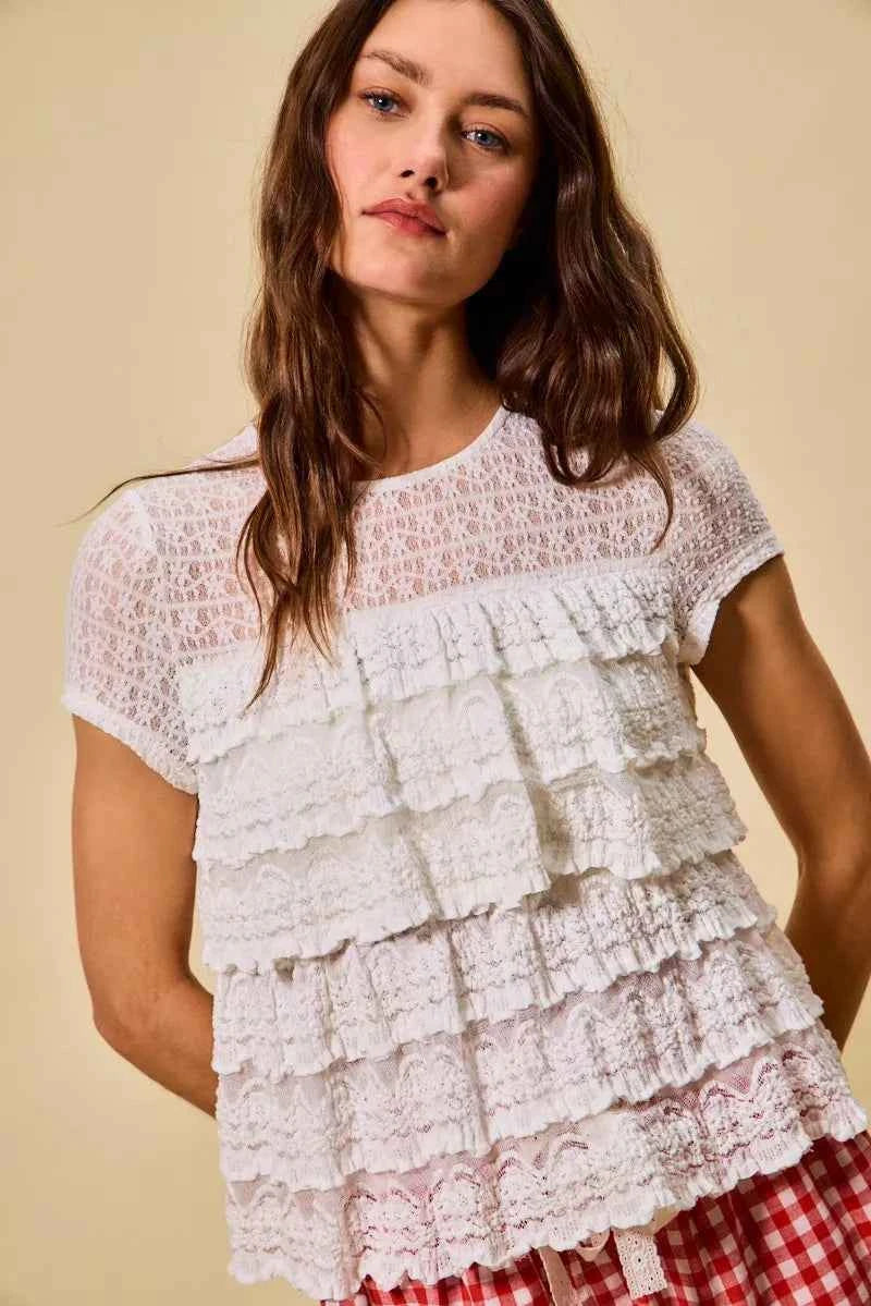 SO ME Ruffle Tiered Stretch Lace Short Sleeves Knit Top d422ab9a910e439882ae0dd1f5d1c14b-Max-Origin