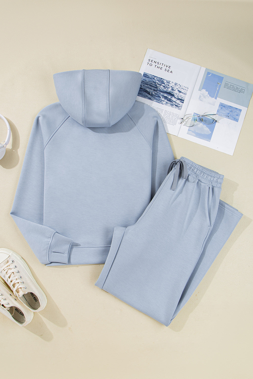 Beau Blue Half Zip Thumbhole Sleeve Hoodie Active Pants 2pcs Outfit d4260db4cb96eedb