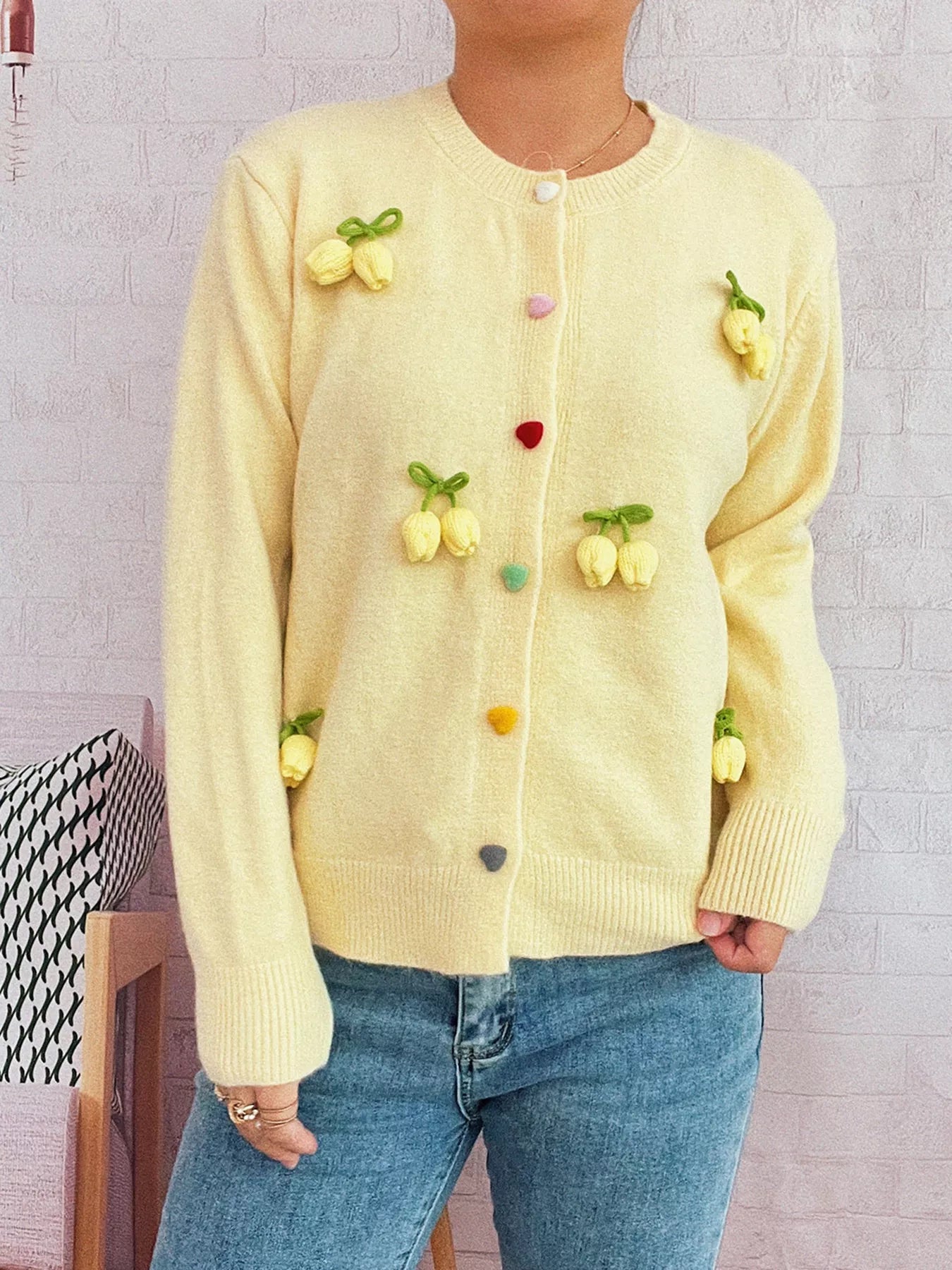 Flower Button Up Long Sleeve Cardigan Yellow One Size d429d28ce01942ee958373c0f5a9f194-Max-Origin