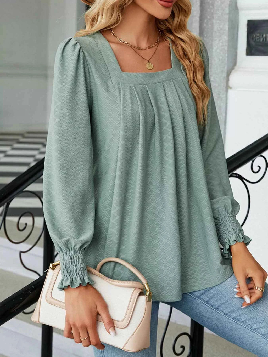 Pleated Square Neck Long Sleeve Top d42a32d6-4e8e-409c-b05f-d9240a5bdcfa-Max-Origin