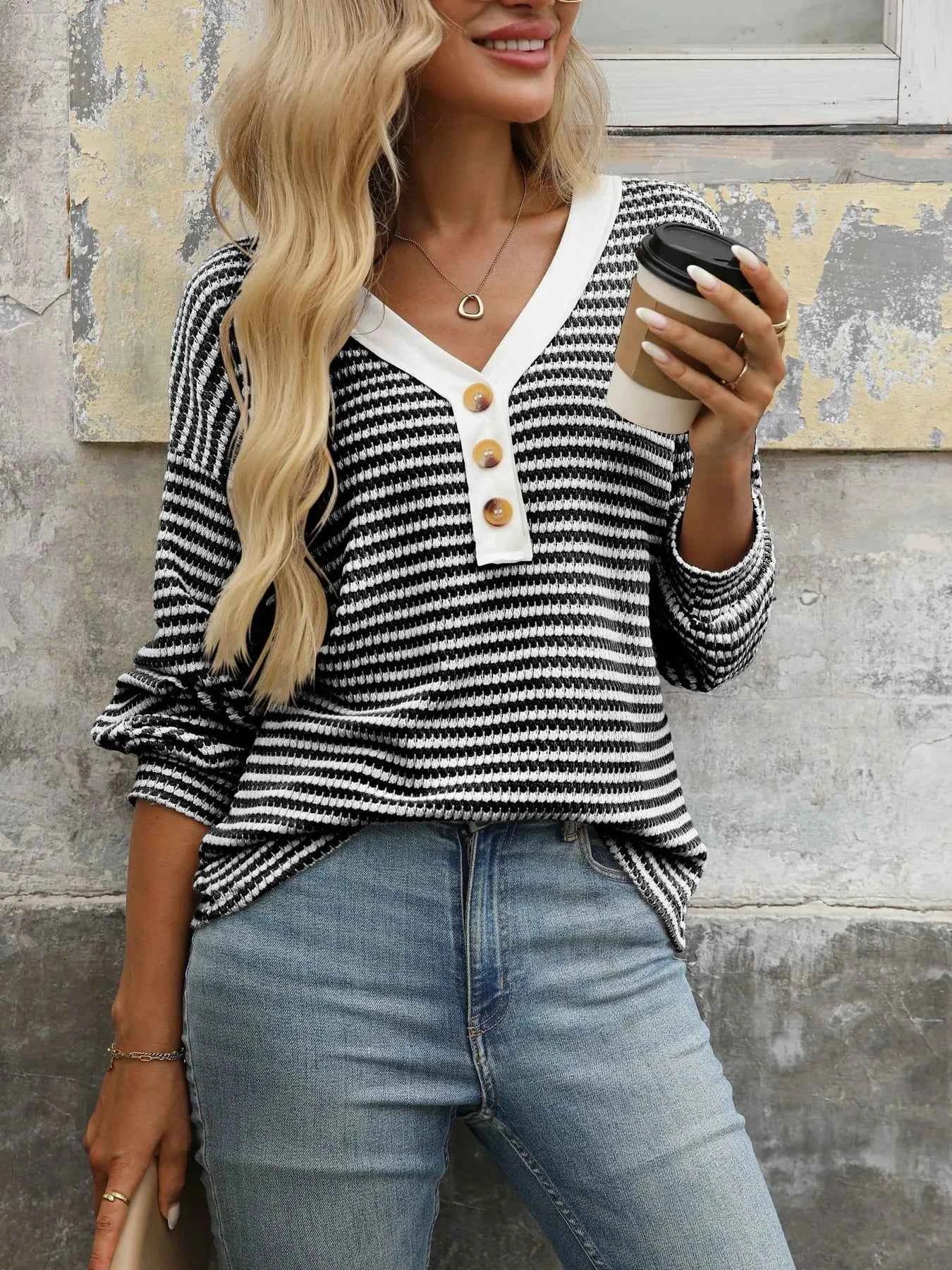 Striped V-Neck Button Front Casual Top Black d42a9404aadf45c186e9da39d82d9cda-Max-Origin