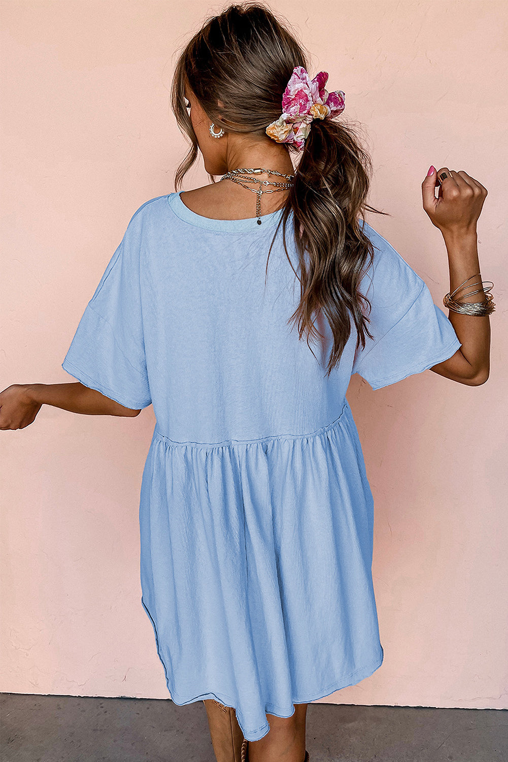 Light Pink Solid Color Pocket Raw Edge Babydoll Dress d42e70630f535fef