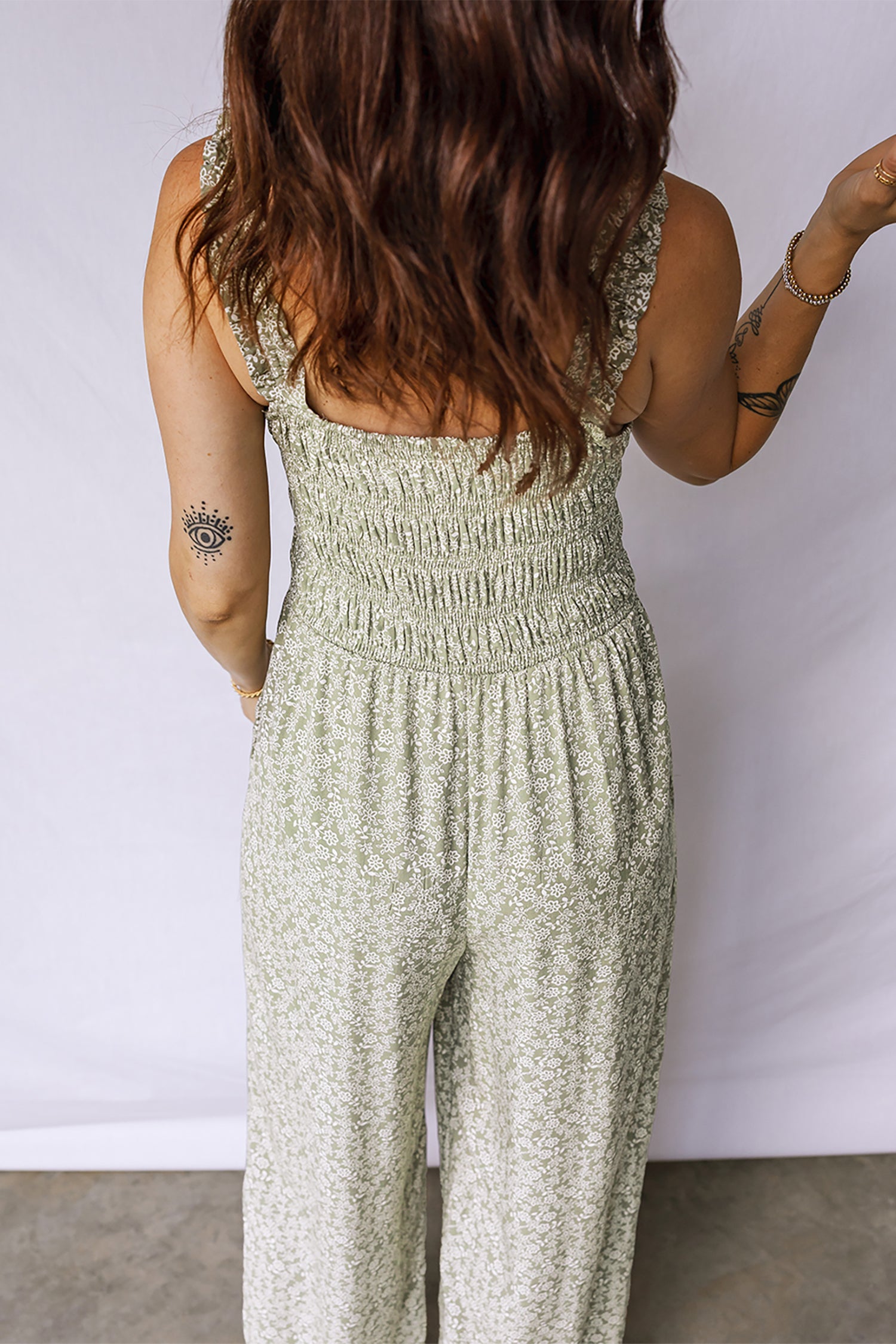 Green Smocked Bodice Square Neck Sleeveless Floral Jumpsuit d4322aacaf6e5c92