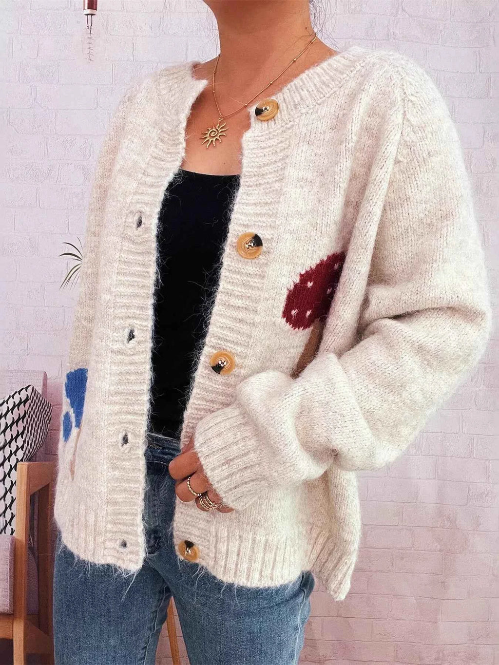 Mushroom Pattern Button-Up Cozy Knit Cardigan d432c052ad764b949d2a812f0476543b-Max-Origin