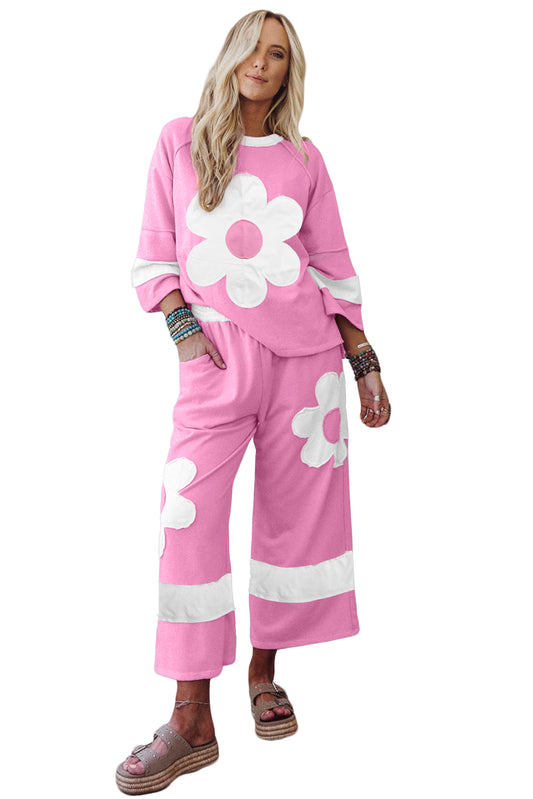 Orchid Bouquet Flower Patched Raw Seam Colorblock Loose Pants Set Orchid Bouquet 65%Polyester+35%Cotton d4346a6d3c867793