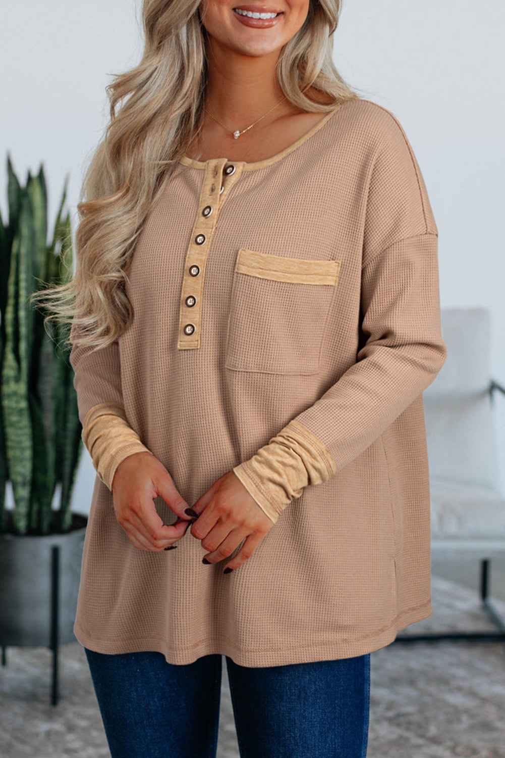 Vineyard Green Waffle Textured Patchwork Tunic Henley Top Dark Khaki 75%Polyester+25%Cotton d435af4675665790