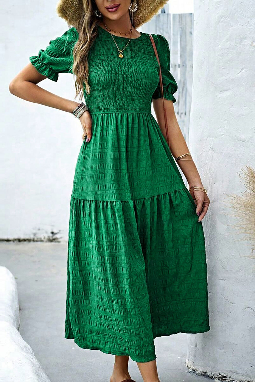 Sail Blue Solid Textured Smocked High Waist Midi Dress d436816704973b50