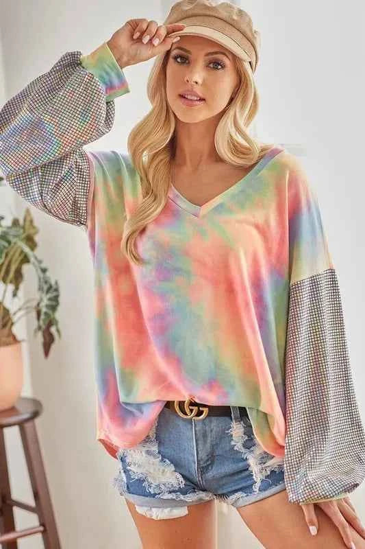 V Neck Tie Dye French Terry Top with Shiny d436dd63c6a24395999cead0365da8f0-Max-Origin