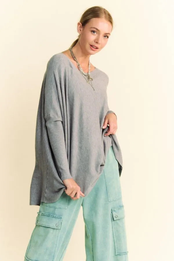 Davi & Dani Round Neck Dropped Shoulder Long Sleeve Knit Top Gray d43ad4f4-ca78-4e57-8304-6bd8fc6efda1-Max