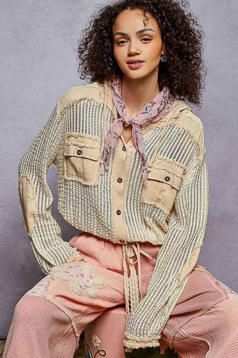 POL Texture Woven Button Down Hooded Shirt with Drawstring Hem d43cc473-0feb-427f-9d85-2242cd47a279-Max-Origin