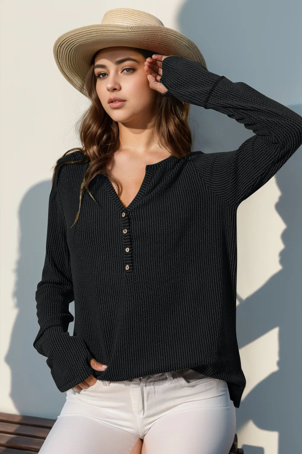 Double Take Full Size Notched Thumbhole Long Sleeve T-Shirt Black d43e0fcd-e1d4-497b-ab24-866e64cb5a1c-Max