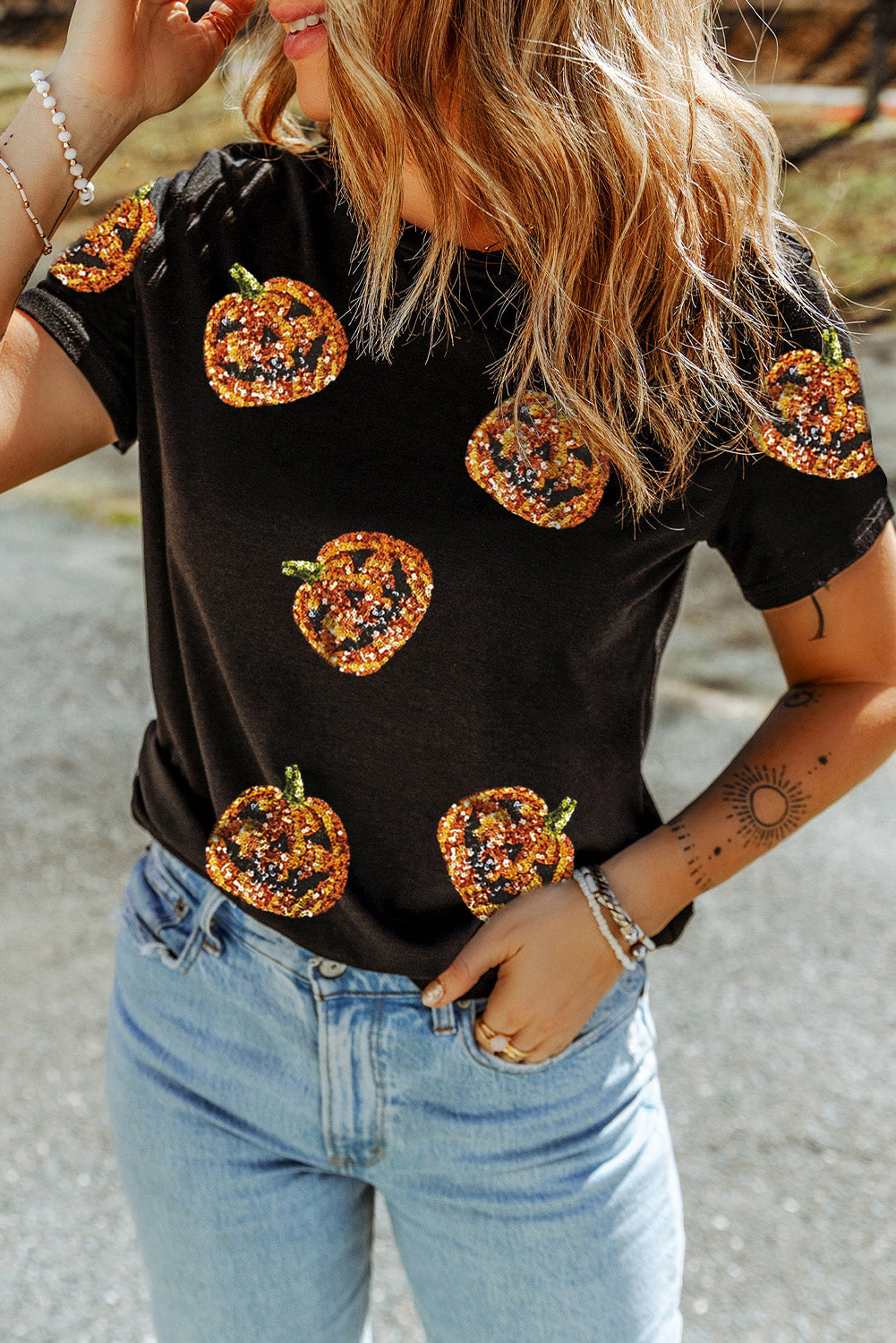 Black Halloween Sequin Pumpkin Face Graphic T Shirt d43e3d37f66059c3