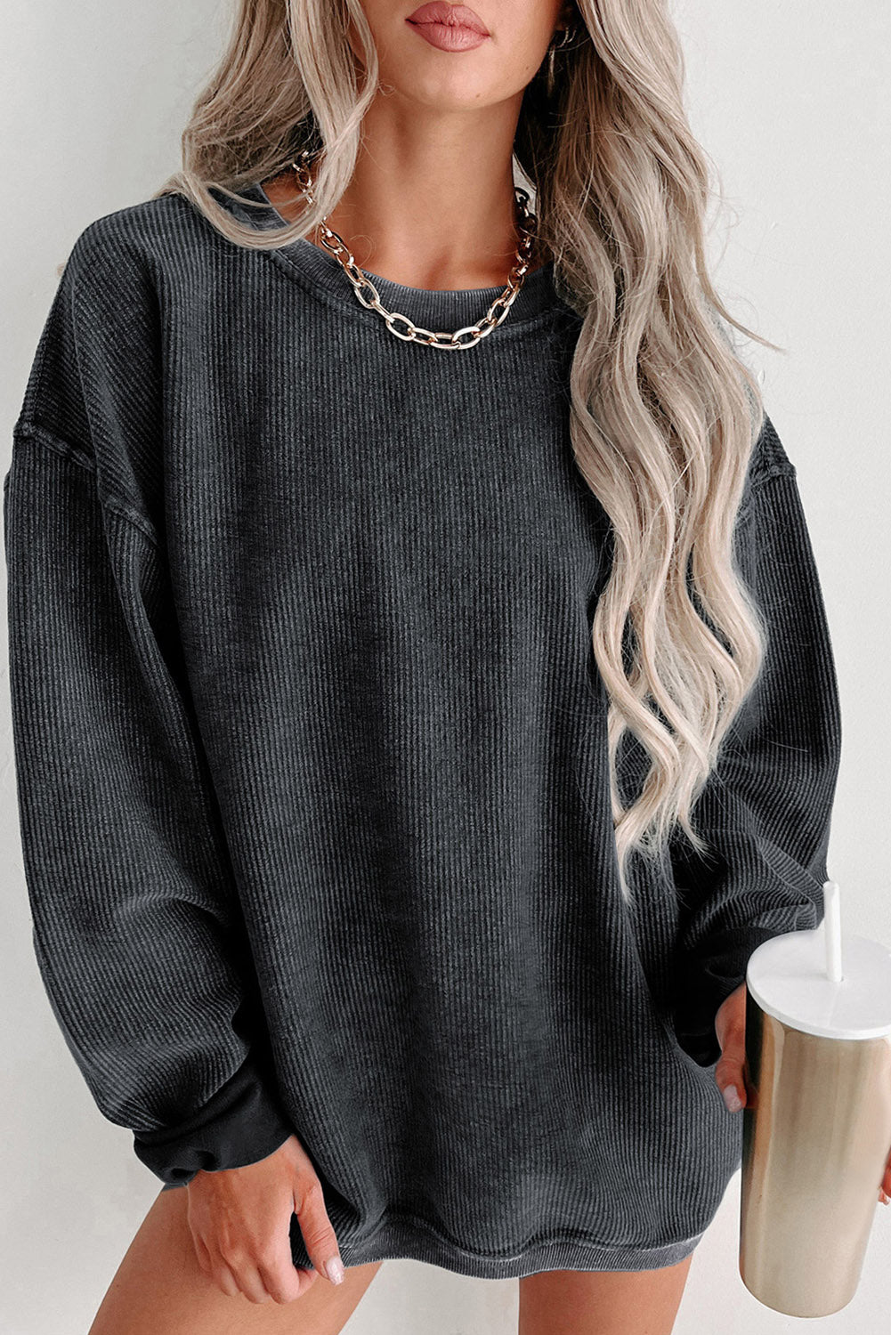 Green Ribbed Round Neck Drop Sleeve Pullover Sweatshirt Black 100%Polyester d4418f07d429db5c