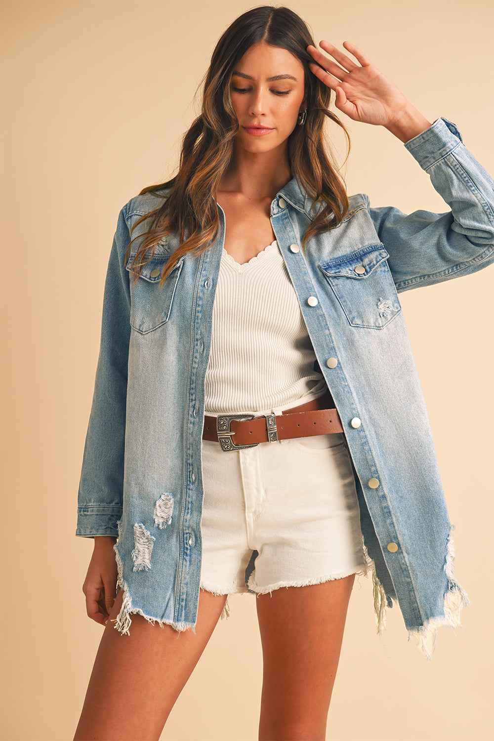 Beau Blue Light Wash Distressed Frayed Long Denim Shacket d4427cea58be33c0