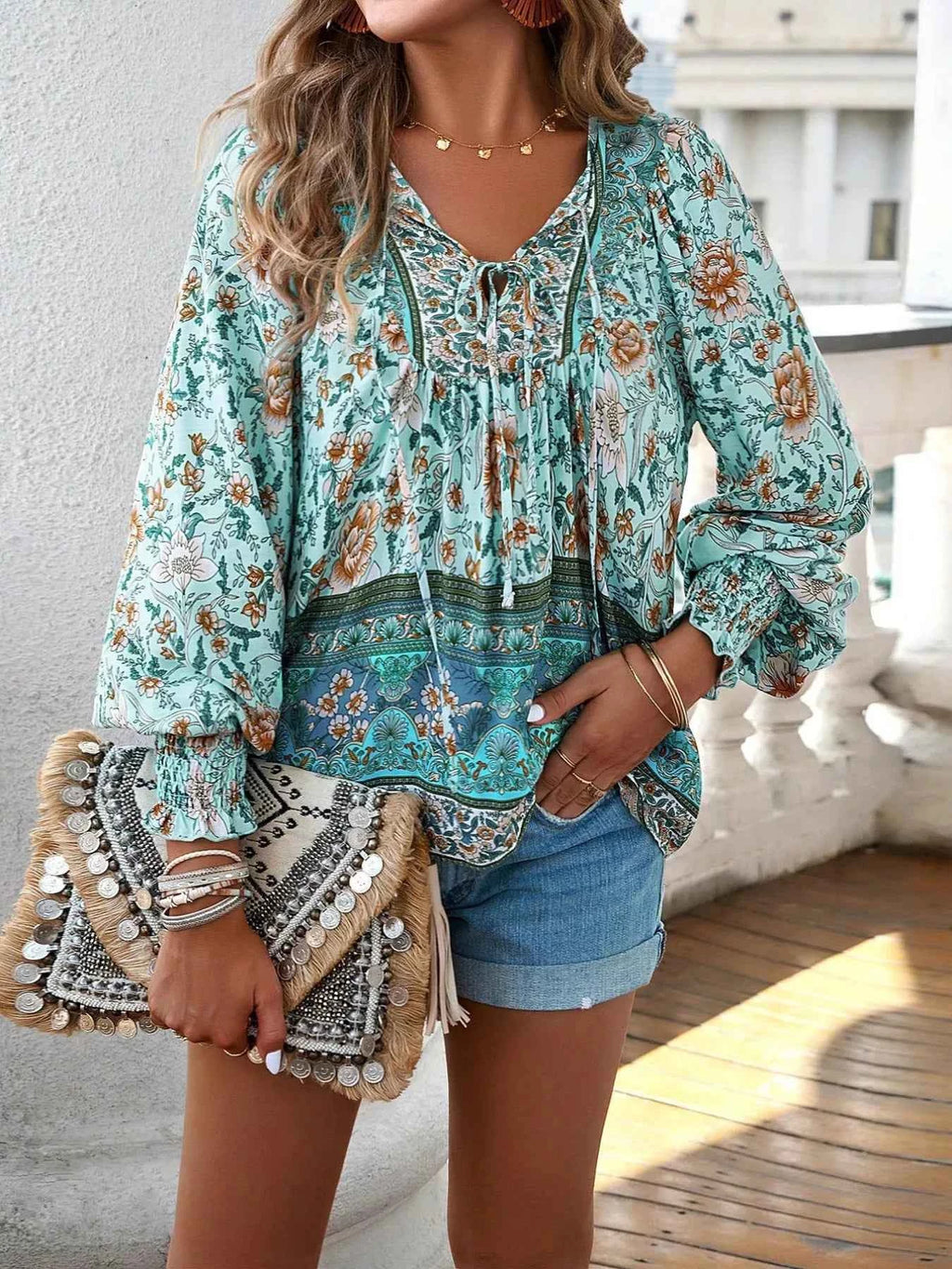 Floral Print Tie Neck Bohemian Blouse d44704b1-f960-4e4c-b008-79bd5931f8dc-Max-Origin