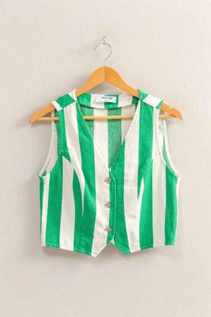 HYFVE Woven Striped V-Neck Button Down Vest GREEN CREAM d44b764bcad446018aaed6963c0b4865-Max-Origin