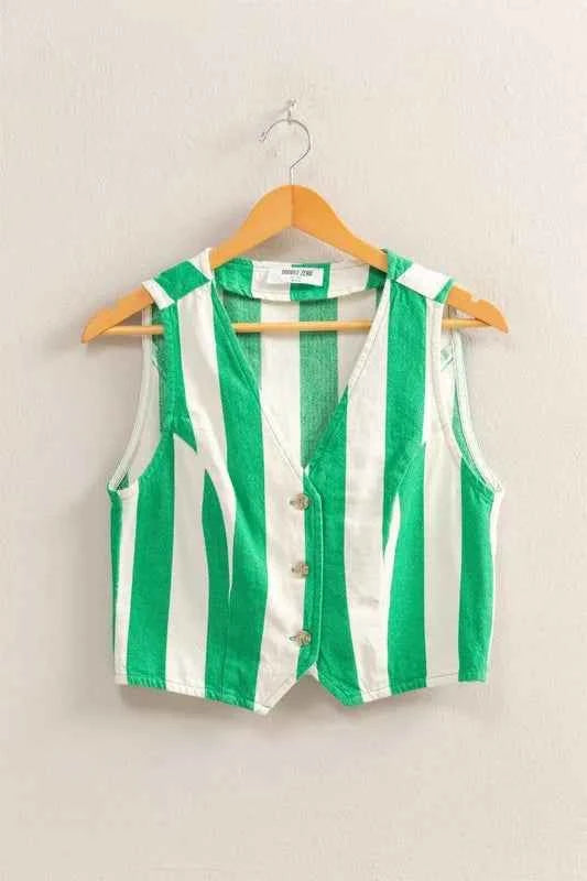 HYFVE Woven Striped V-Neck Button Down Vest GREEN CREAM d44b764bcad446018aaed6963c0b4865-Max-Origin