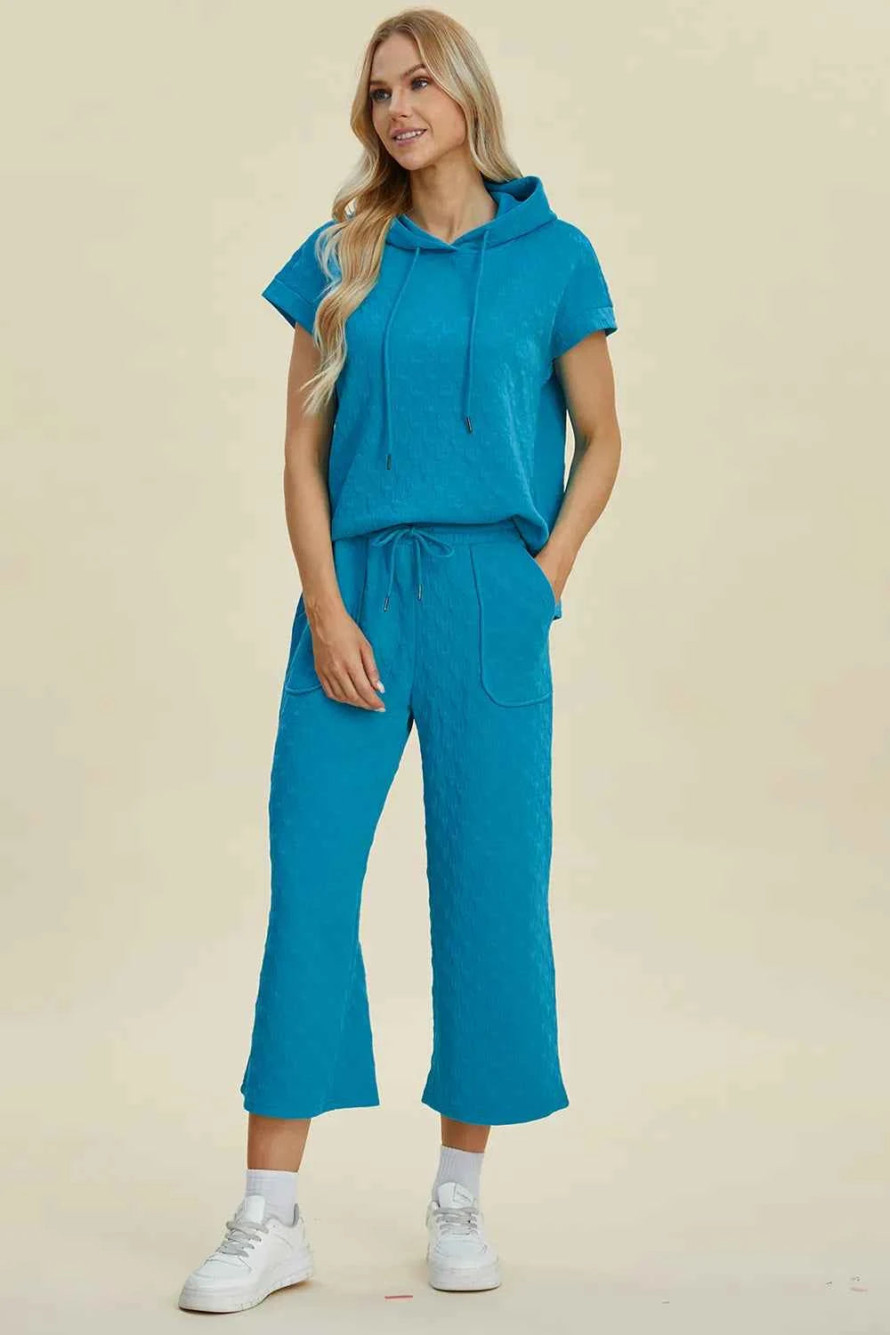 Double Take Full Size Texture Drawstring Short Sleeve Hoodie and Pocketed Pants Set d44deee0-e642-420b-8b97-f8d2cd3a4cbd-Max