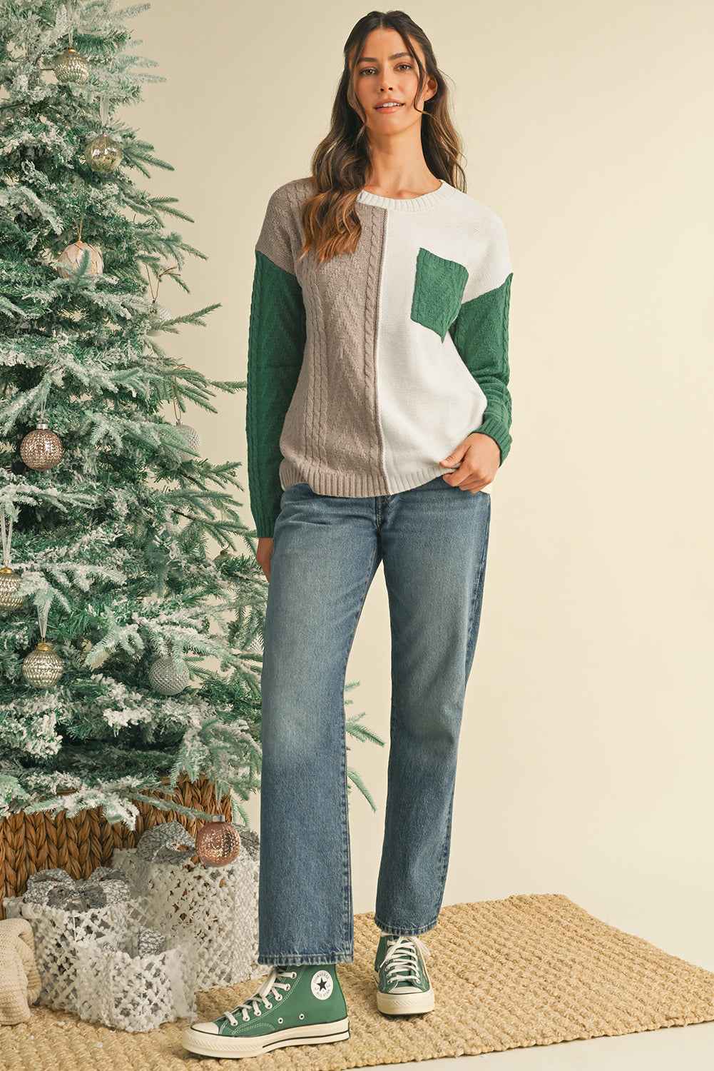 Vineyard Green Colorblock Pocket Drop Shoulder Sweater d44e8812b53dcc08