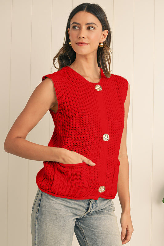 Fiery Red Solid Textured Knit Side Pockets Buttoned Sweater Vest d44f4437339e74ce