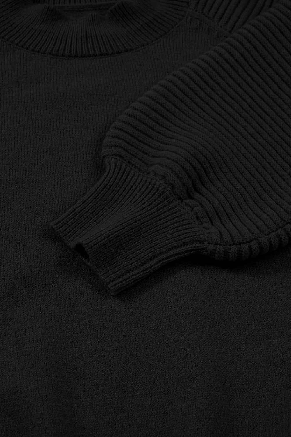 Black High Neck Puff Sleeve Sweater Pleated Mini Skirt 2pcs Knitted Outfit d451248d30cef1f3