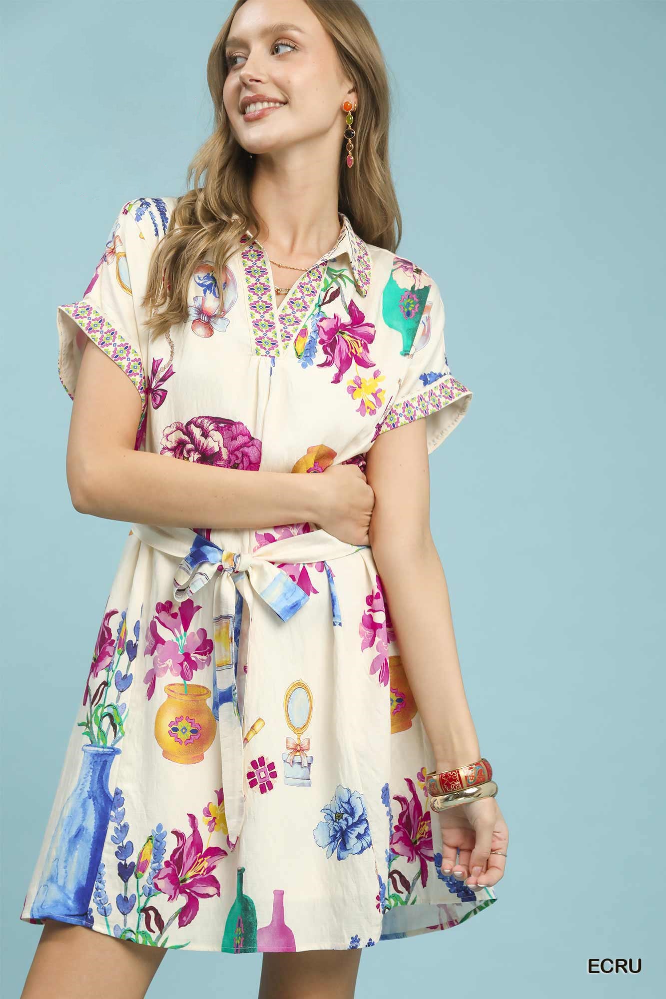 Umgee Floral Print Mini Dress with Belt ECRU d4527648-a84b-4d4f-9e90-2b0fb59ab3c2-Max