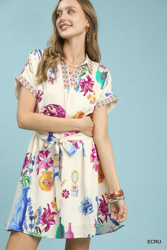Umgee Floral Print Mini Dress with Belt ECRU d4527648-a84b-4d4f-9e90-2b0fb59ab3c2-Max