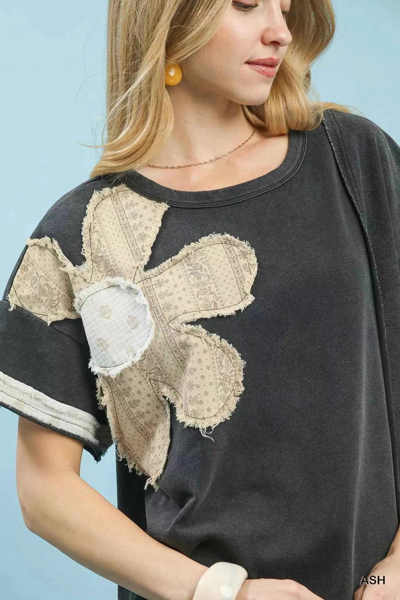 Umgee French Terry Top with Flower Patch d45bbec4-37f6-4591-b62f-b5c841fef8a0-Max-Origin