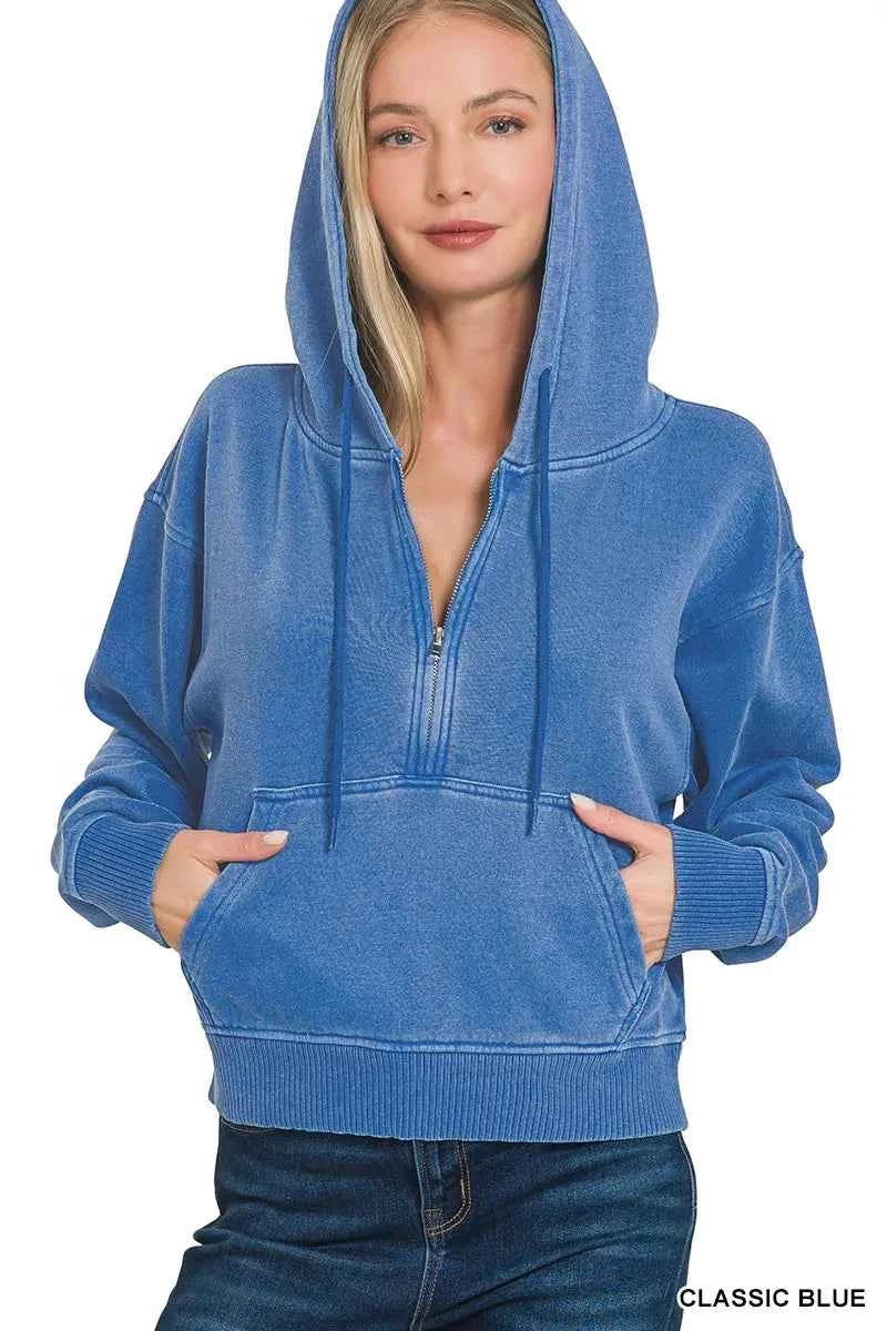 Zenana Fleece Pigment Dye Half Zip Kangaroo Pocket Hoodie CLASSIC BLUE d45d634e52dc490d82101a0a16ff261f-Max-Origin