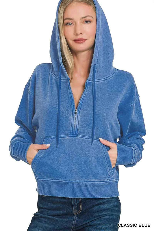 Zenana Fleece Pigment Dye Half Zip Kangaroo Pocket Hoodie CLASSIC BLUE d45d634e52dc490d82101a0a16ff261f-Max-Origin