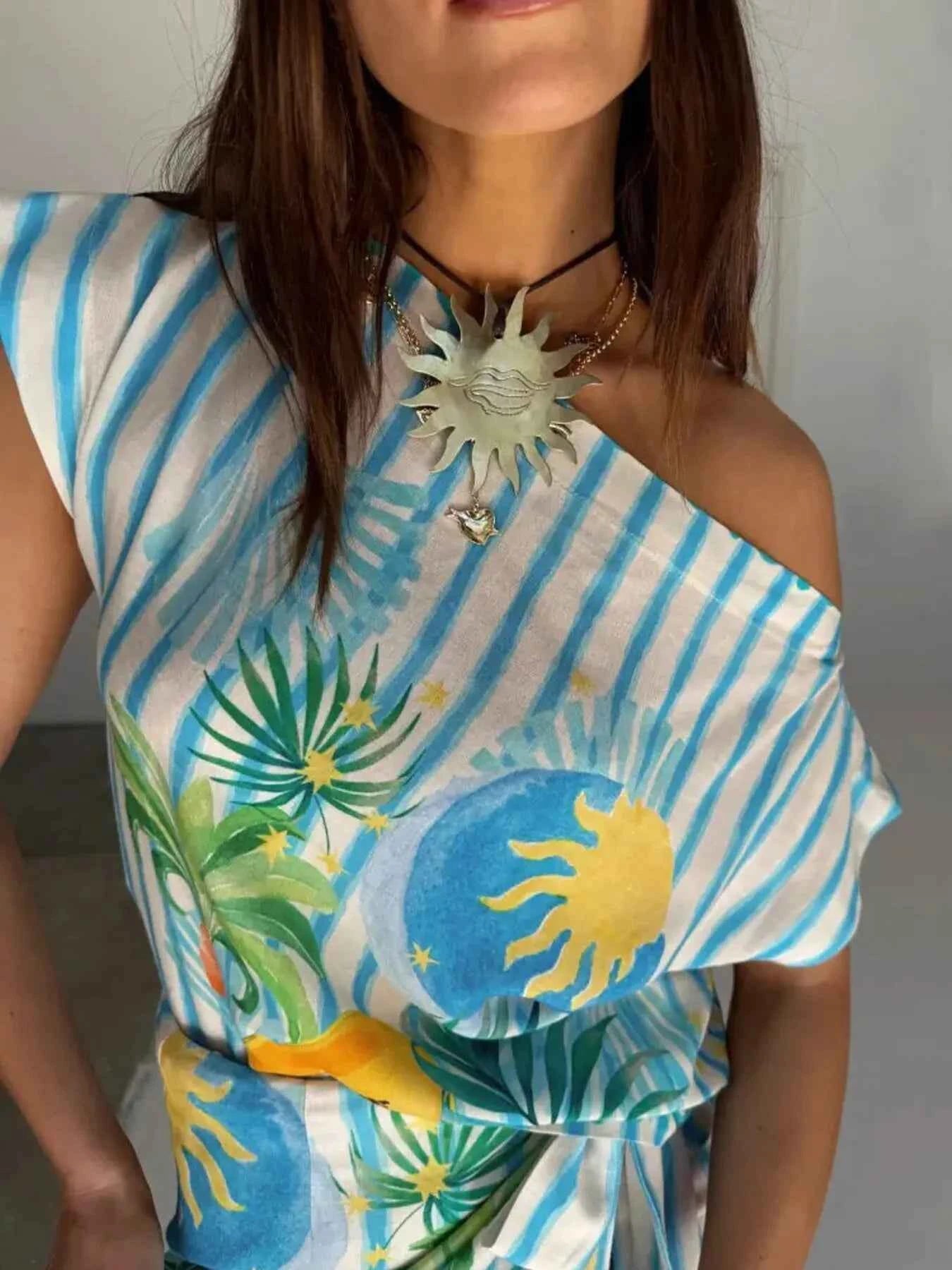 Printed Striped Single Shoulder Top and Skirt Set d45d921b7e734aa2ac8631e4b104a586-Max-Origin