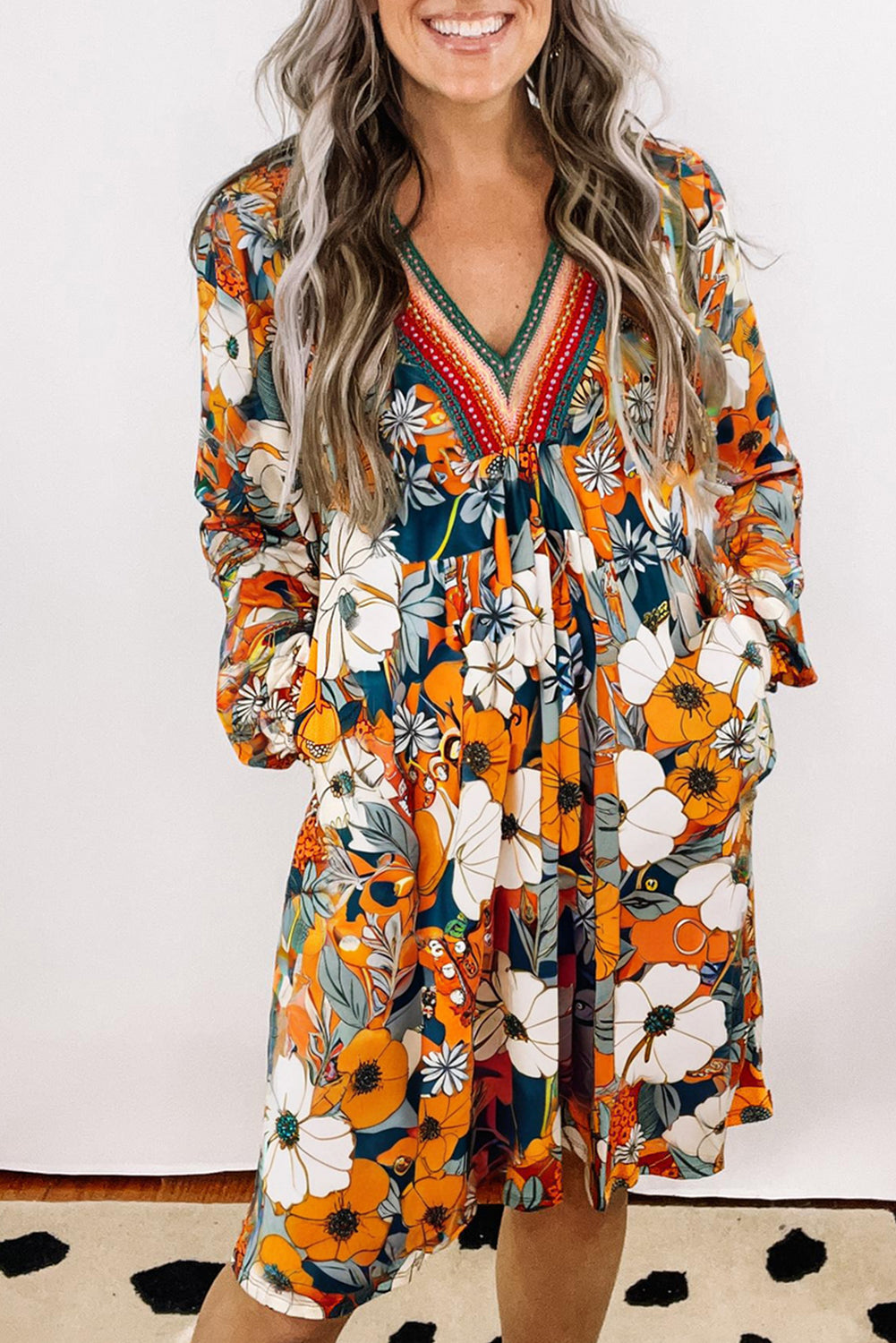 Orange Floral Print Striped Lace V Neck Long Sleeve Mini Dress Orange 100%Polyester d4624fa4aabdc173