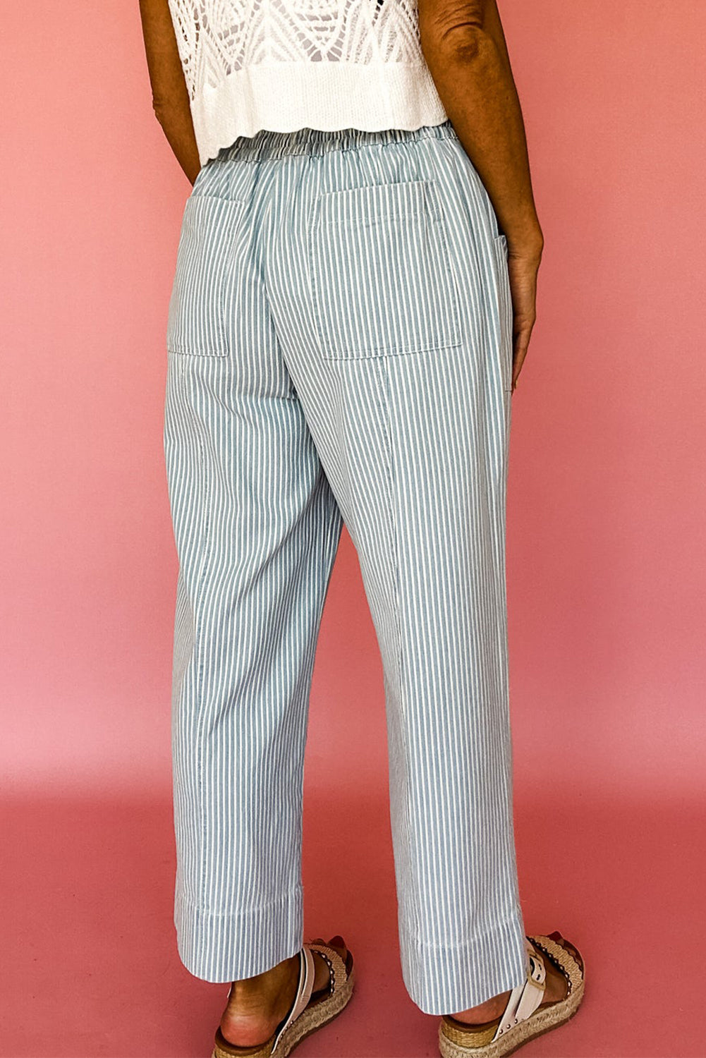 Sky Blue Striped Mid Rise Drawstring Waist Jeans d463dd3b461e2a76