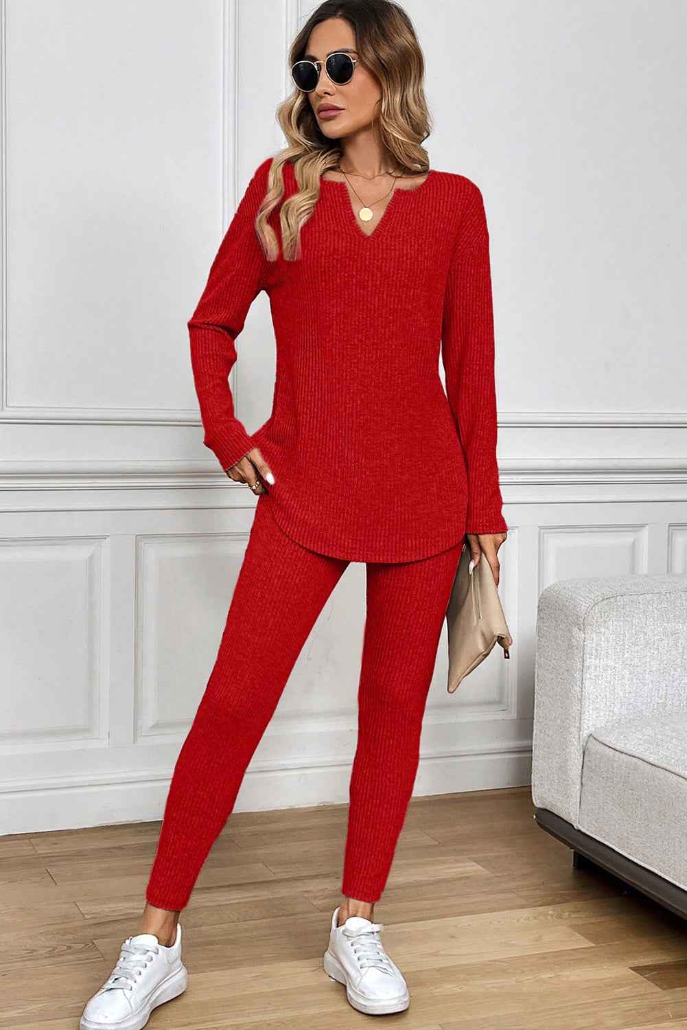 Racing Red Ribbed Notched Neck Knit Long Sleeve Leggings Two Pieces Lounge Set d4642892c1cb0c5d