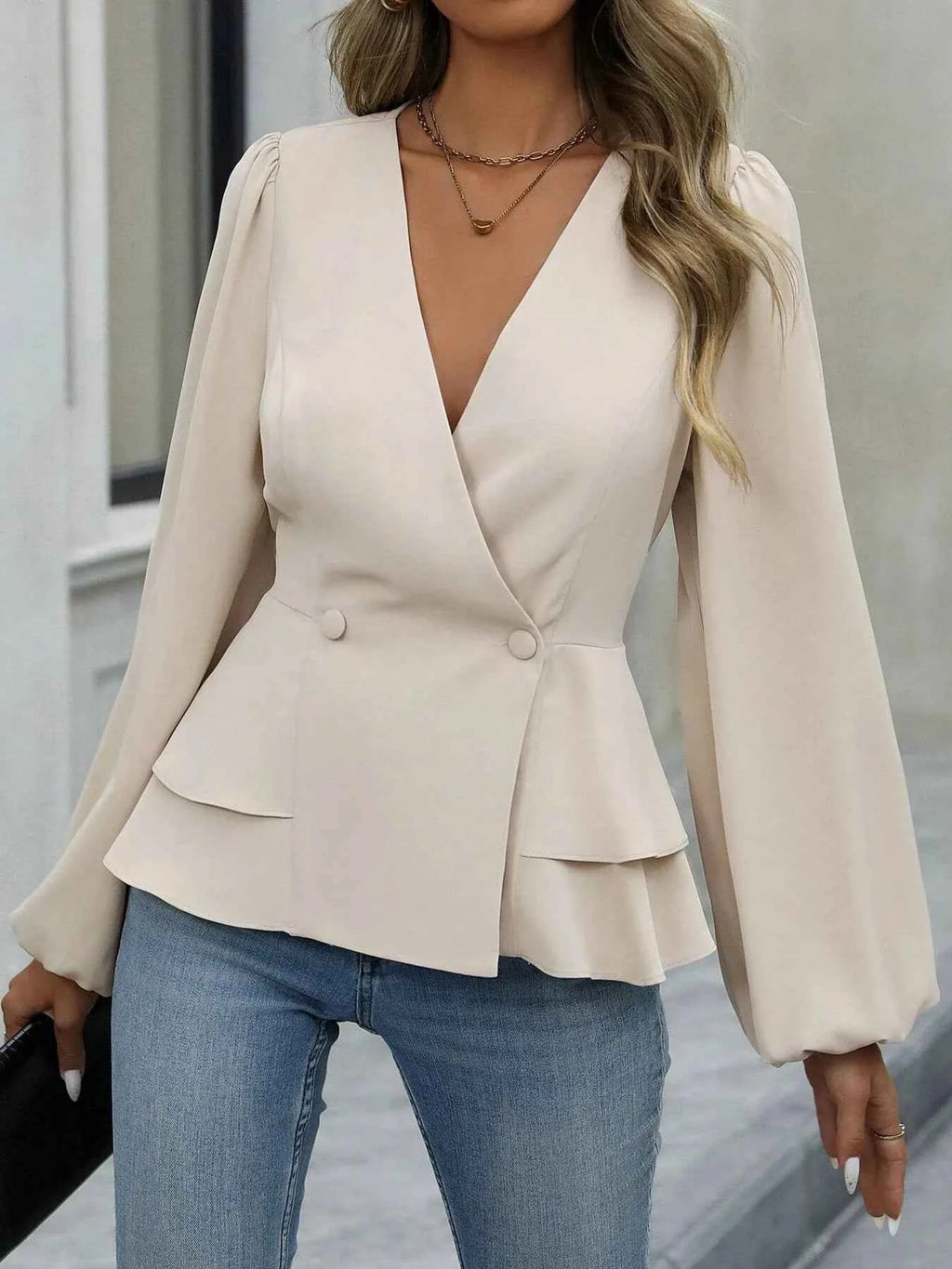 Surplice Balloon Sleeve Blouse d46b09488e3842bf9b06271e98ceaec5-Max-Origin