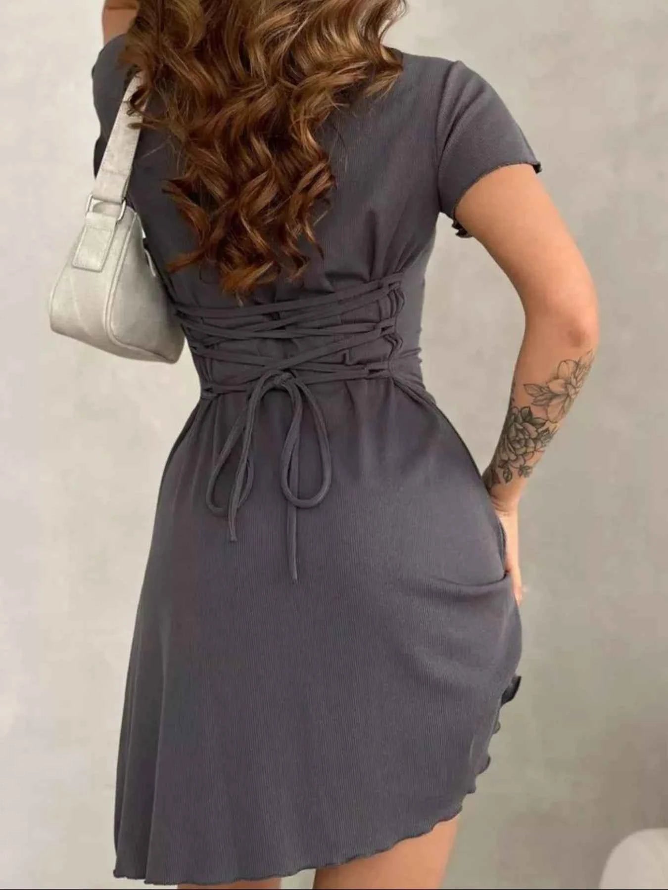 Ribbed Back Lace Up Short Sleeve Mini Dress d46dbfa8-44d9-487b-8c82-d7da0422b0ca-Max-Origin